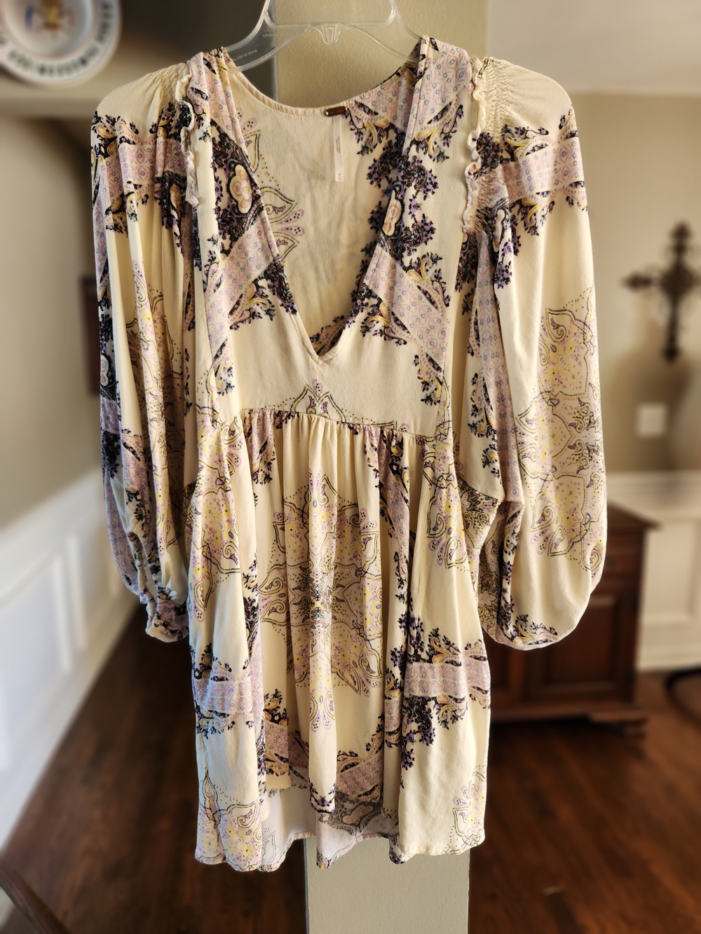 Free People Cream Paisley V-Neck Mini Dress With Pockets Size Medium